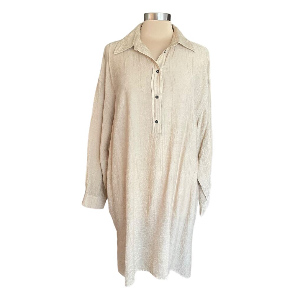 J. Roberts Tan Crinkle Popover Shirt Dress Sz Medium Minimalist Neutral Casual
